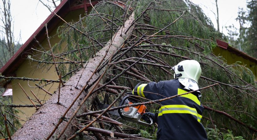 Feuerwehr kappt Baumstamm nach Sturmschaden